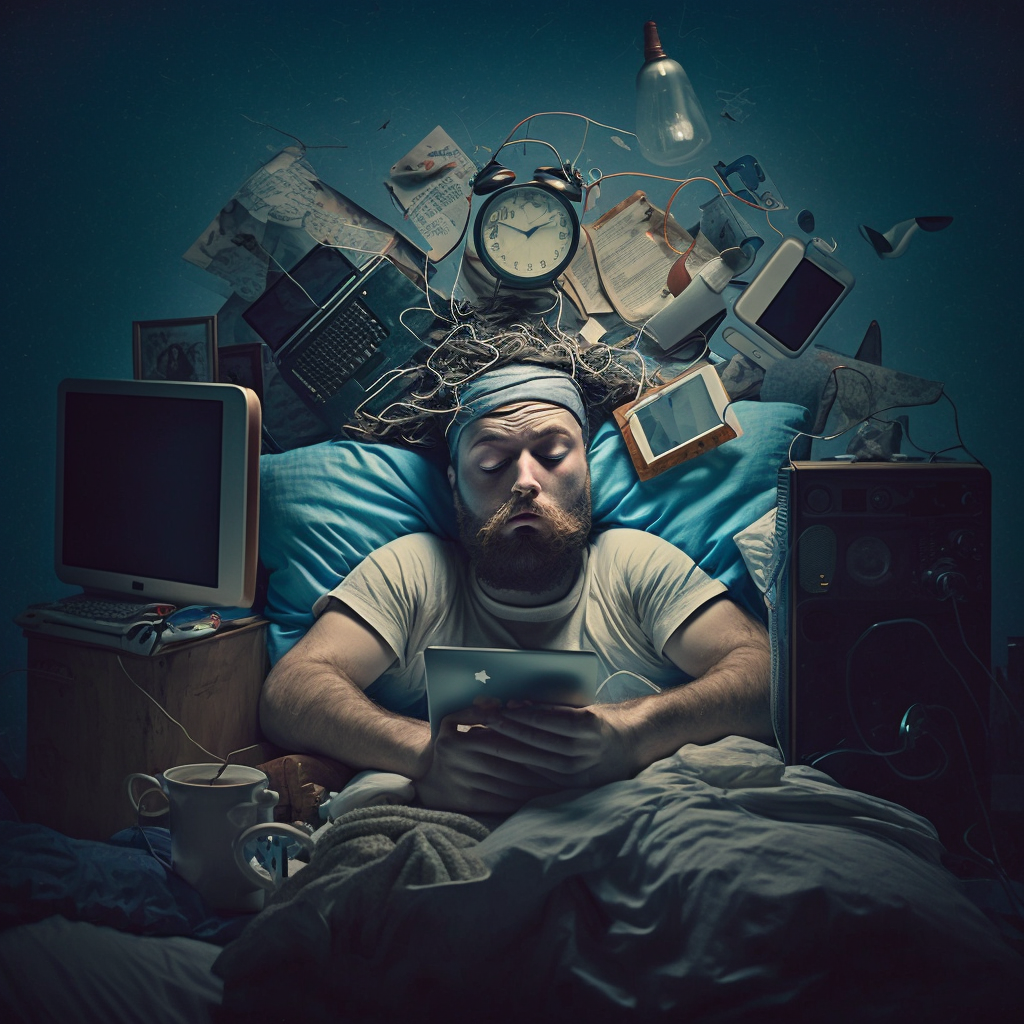 AI generated image of man sleeping with lots of technology surrounding him in bed